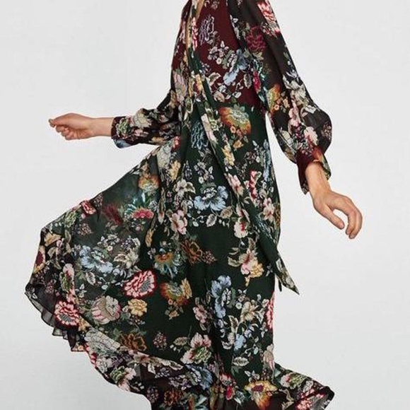 Zara floral tie neck long sleeve midi dress size extra large - Picture 3 of 7